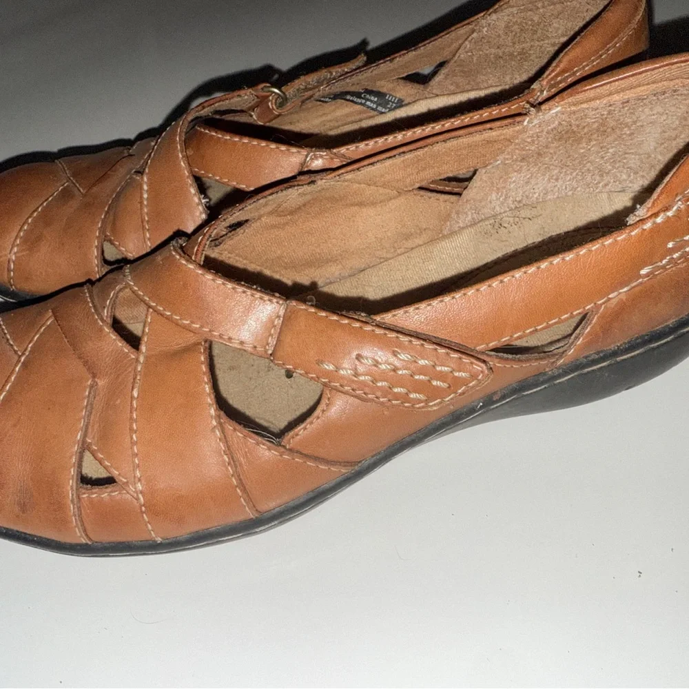Clarks Tan Leather Flats with Woven Design